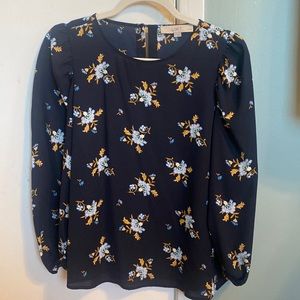 Loft small petite blouse navy with flower design